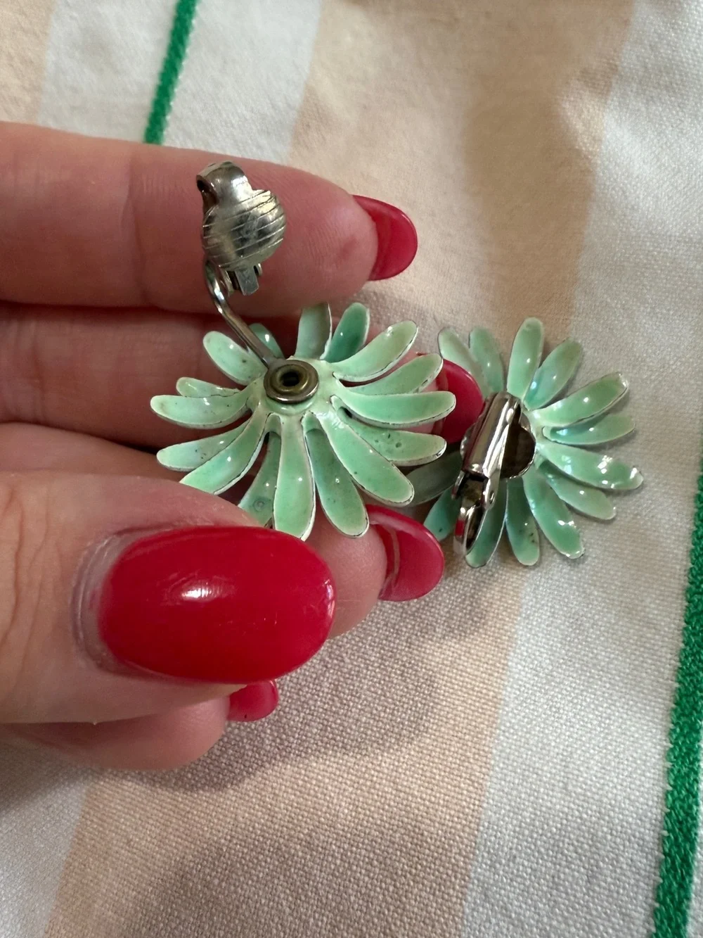 1960s Daisy Flower Power Mod Enamel Seafoam Colored Clip-on Earrings